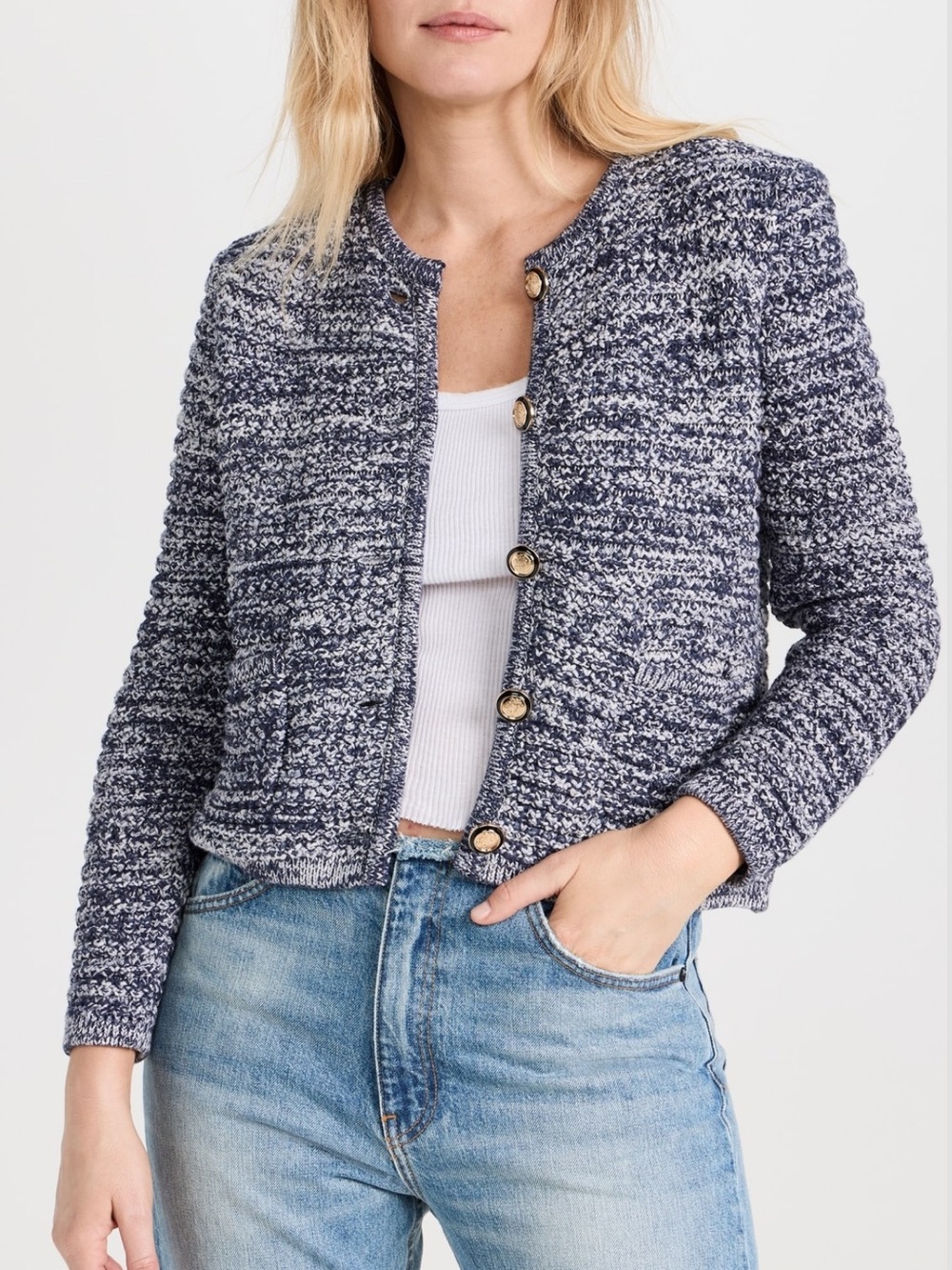 ba&sh Guspa Cardigan Jacket in Navy Knit Bouclé